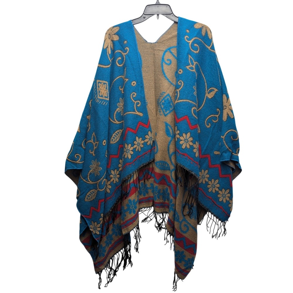 Unbranded Poncho Shawl Womens One Size Blue Floral Geometric Fringe Open Front